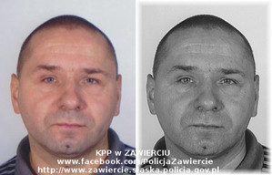 Wizerunek poszukiwanego mężczyzny - Grzegorza Sadowskiego. Na dole zdjęcia widoczne napisy: KPP w ZAWIERCIU, www.facebook.com/PolicjaZawiercie, http://www.zawiercie.slaska.policja.gov.pl