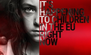 Twarz dziewczynki, po prawej stronie napis It&#039;s happening to children in the EU right now