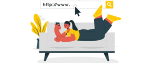 Grafika wektorowa - leżąca na brzuchu dziewczyna na kanapie w żółtym stroju w ręce trzyma smarfon.