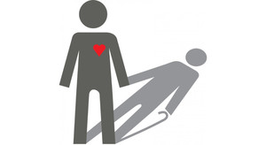 Grafika przedstawiająca dwie postaci trzymające się za ręce: jedną z czerwonym sercem, drugą z laską.