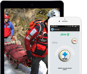 Na zdjęciu widoczny smartfon oraz tablet z wyświetlonymi zdjęciami i grafikami związanymi z aplikacją Ratunek.