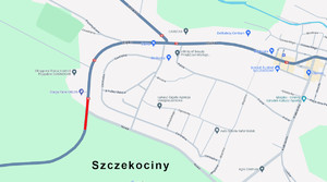 Mapa przedstawiająca zablokowaną drogę.