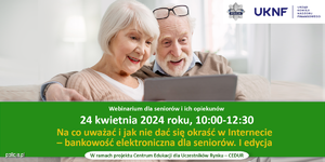 Oryginalna grafika webinarium - siedząca starsza kobieta i starszy mężczyzna przed komputerem.