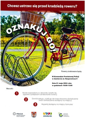 Plakat akcji znakowania rowerów. Szczegóły dostępne w treści komunikatu.